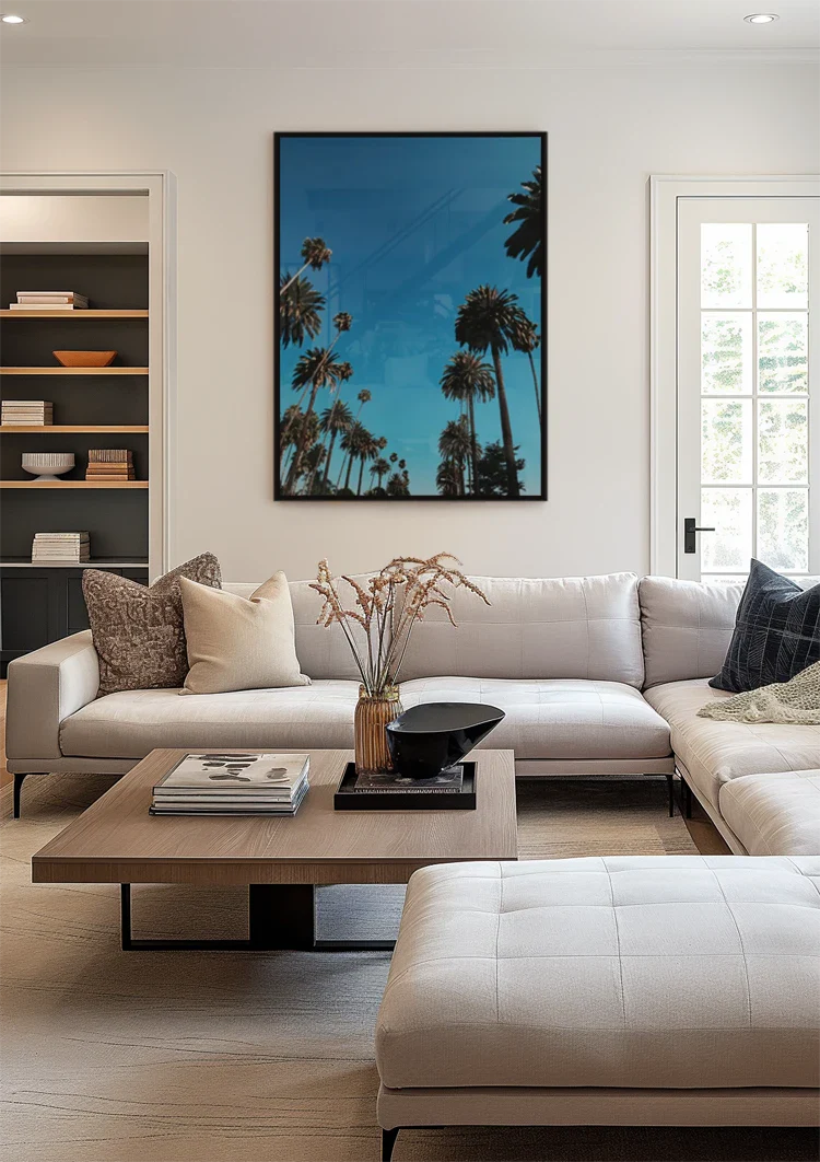 Hohe Palmen reichen in den klaren blauen Himmel, sonniger Tag, Gemälde