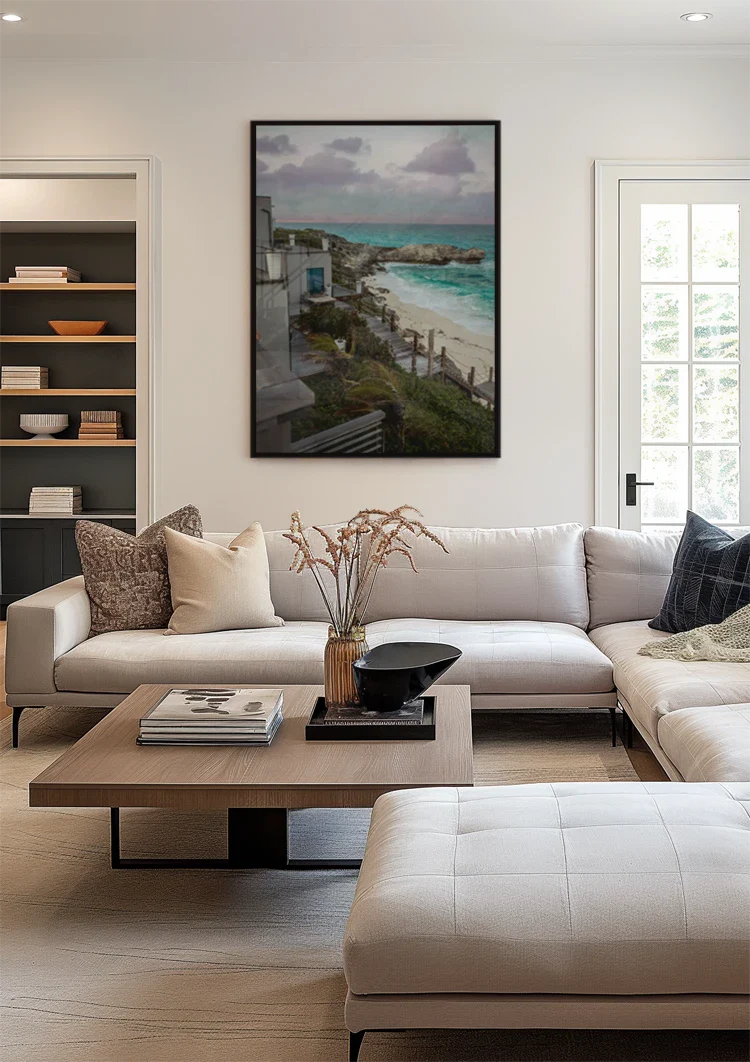 Rocky Coastline with Turquoise Seawater and Sandy Beach Painting