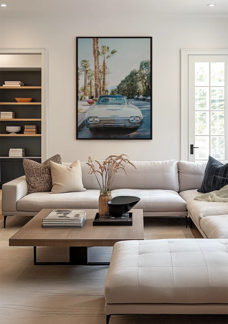 Weißes Vintage-Auto, Palmen, sonnige Straße, Retro-Gemälde