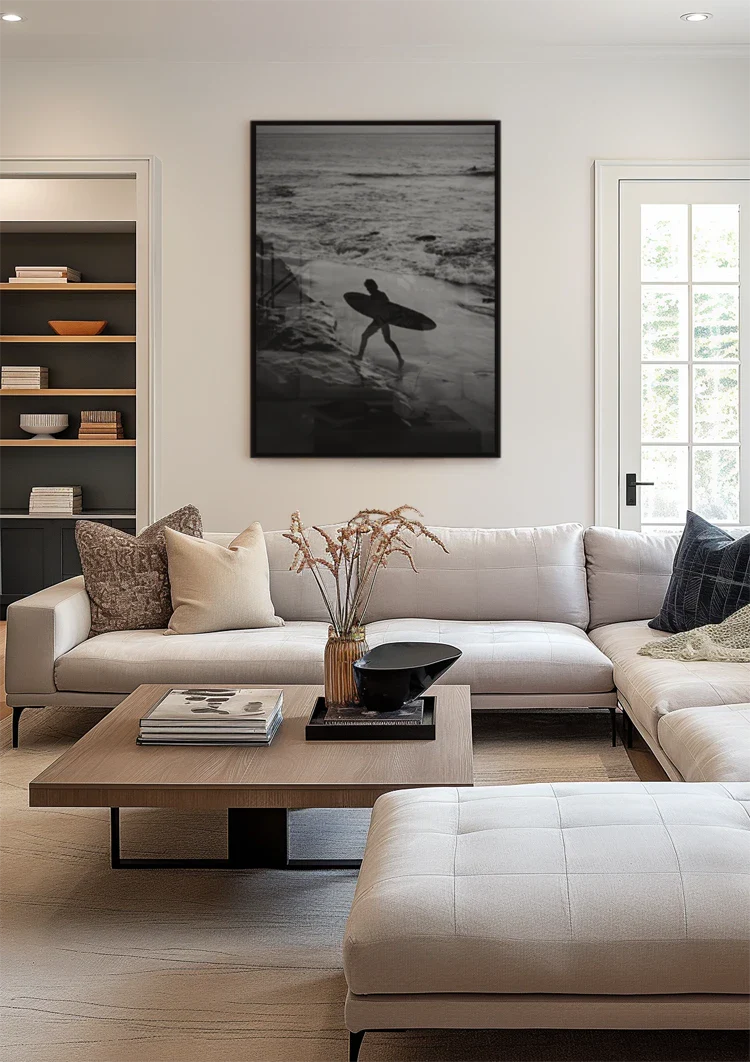 Surfer with Surfboard on Rocky Coast Black and White Ocean Painting