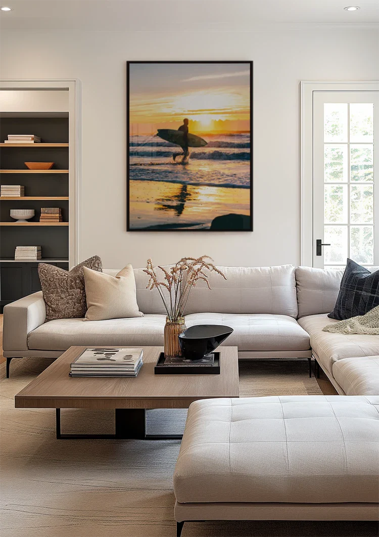 Surfer Op Strand Bij Gouden Zonsondergang Reflectie Schilderij