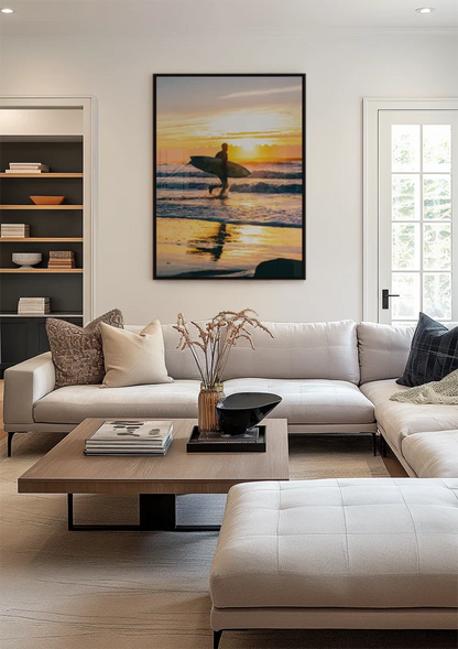 Surfer Op Strand Bij Gouden Zonsondergang Reflectie Schilderij