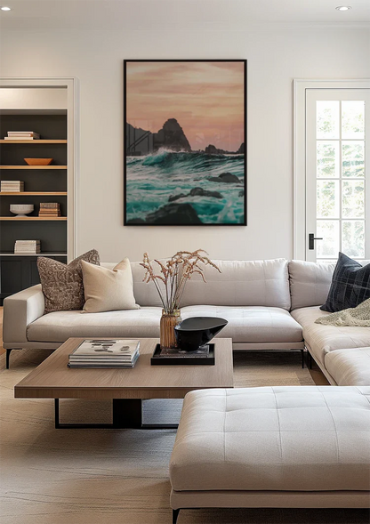 Woeste Zee Turquoise Golven Rotsen Zonsondergang Zeegezicht Schilderij