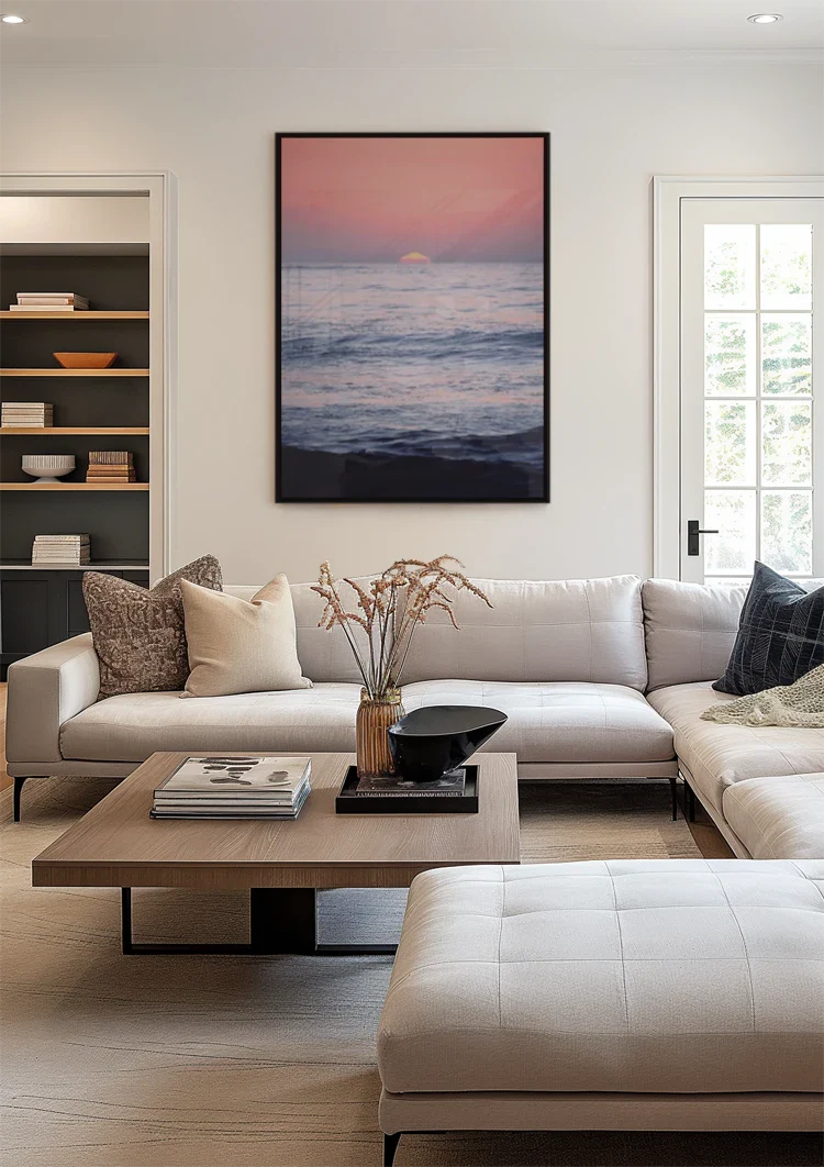 Pink Sunset Ocean Horizon Calm Seascape Painting