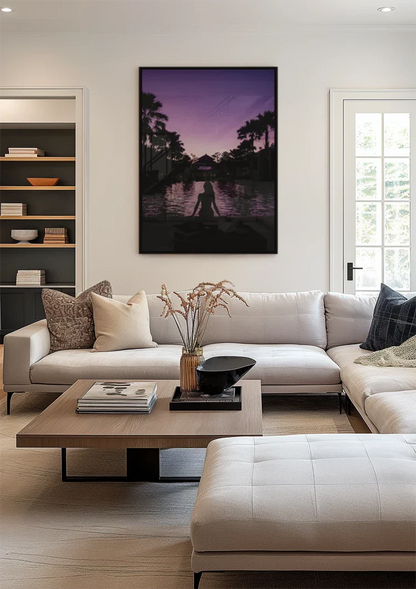 Frauensilhouette am Pool Lila Dämmerung mit Palmen Gemälde