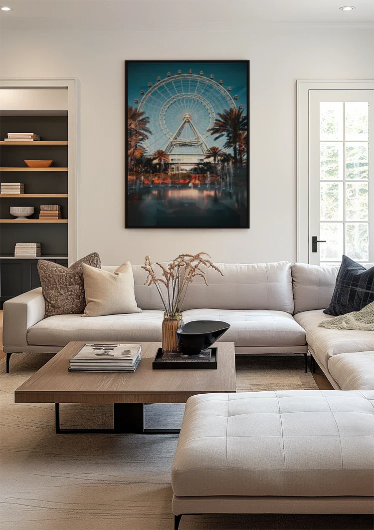 Beleuchtetes Riesenrad Palmen Abenddämmerung Spiegelung Gemälde