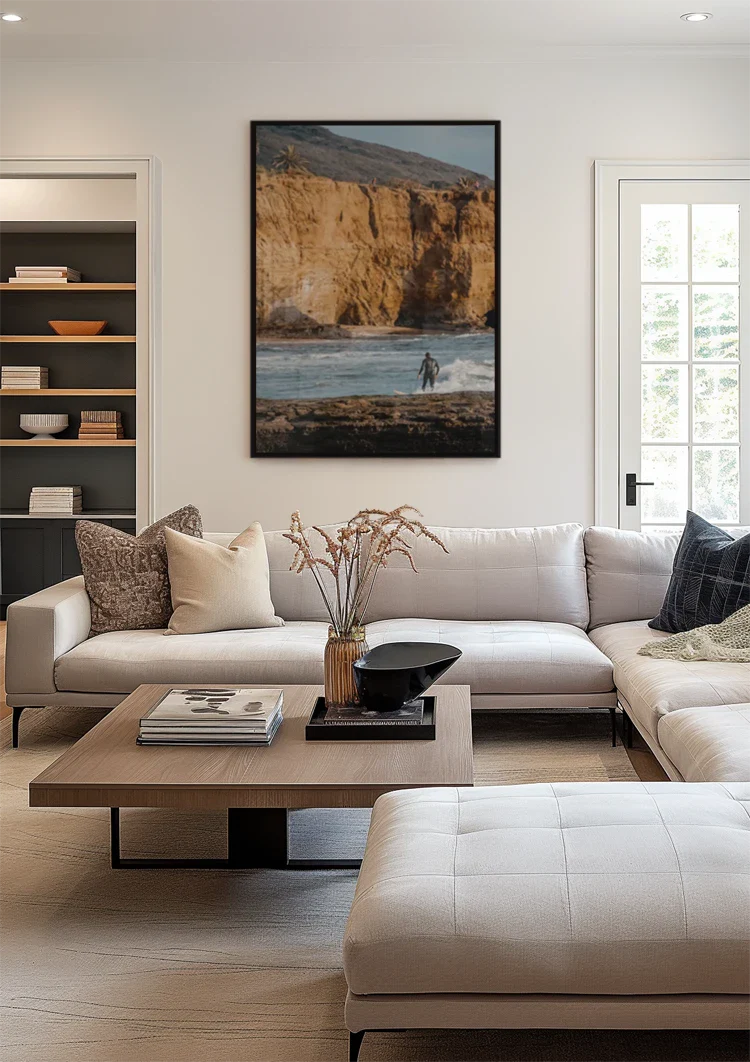 Surfer at Golden Cliffs Ocean Waves Coastal Landscape Painting