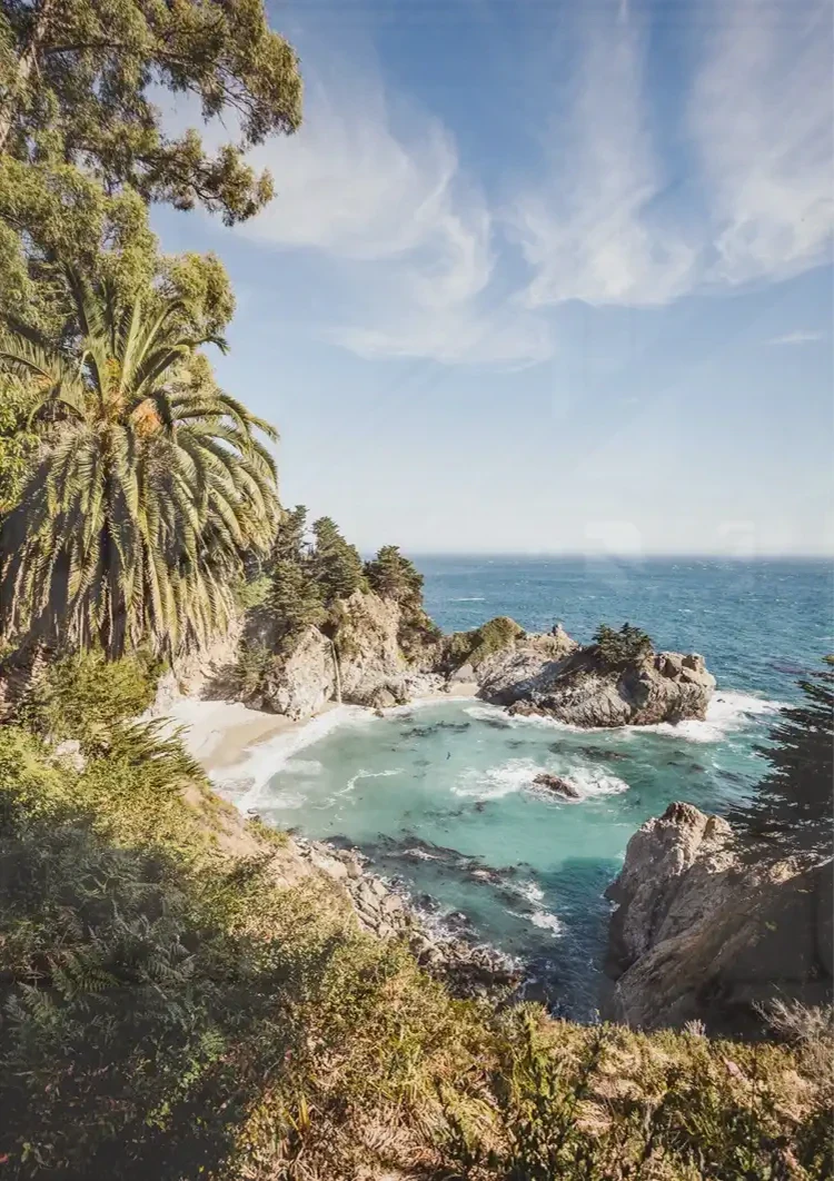 Wilder Küstenabschnitt mit Palmen Wasserfall Türkisfarbene Bucht Gemälde