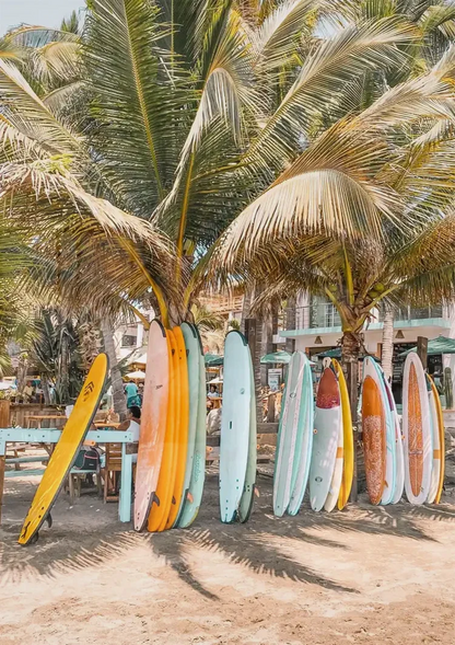 Kleurrijke Surfplanken Palmboom Tropisch Strand Schilderij