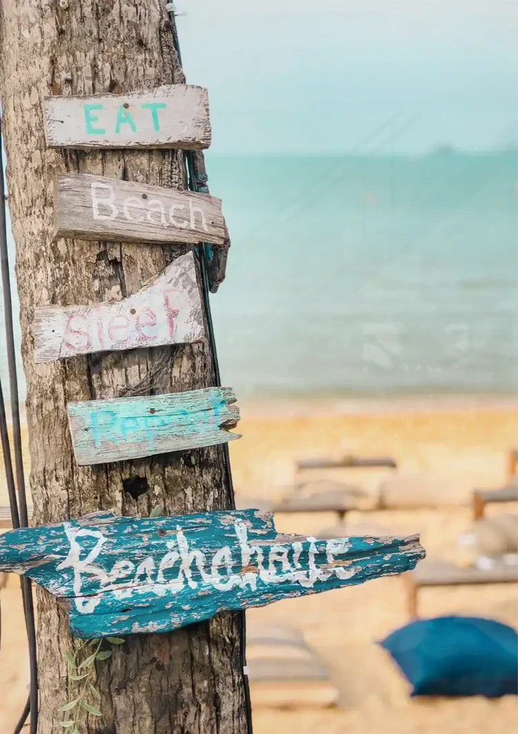 Palm Tree Wooden Signpost Tropical Beach Turquoise Sea Painting