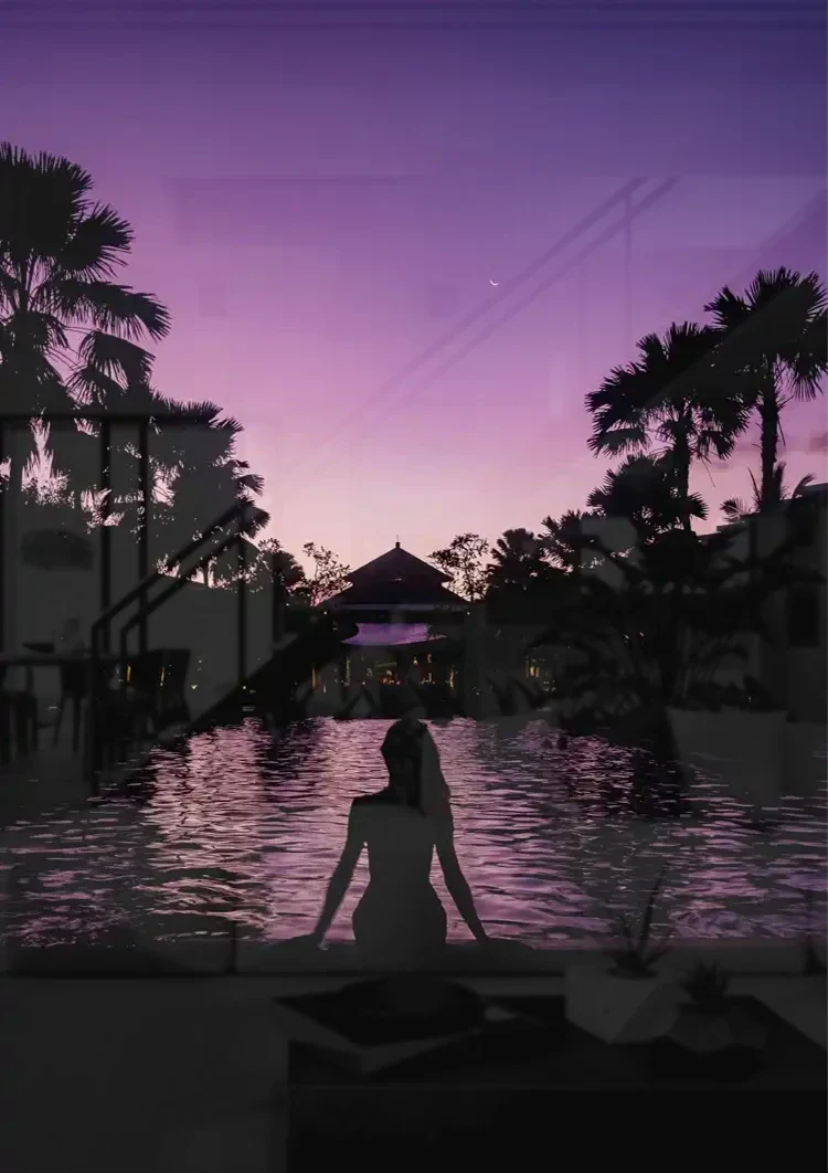 Frauensilhouette am Pool Lila Dämmerung mit Palmen Gemälde