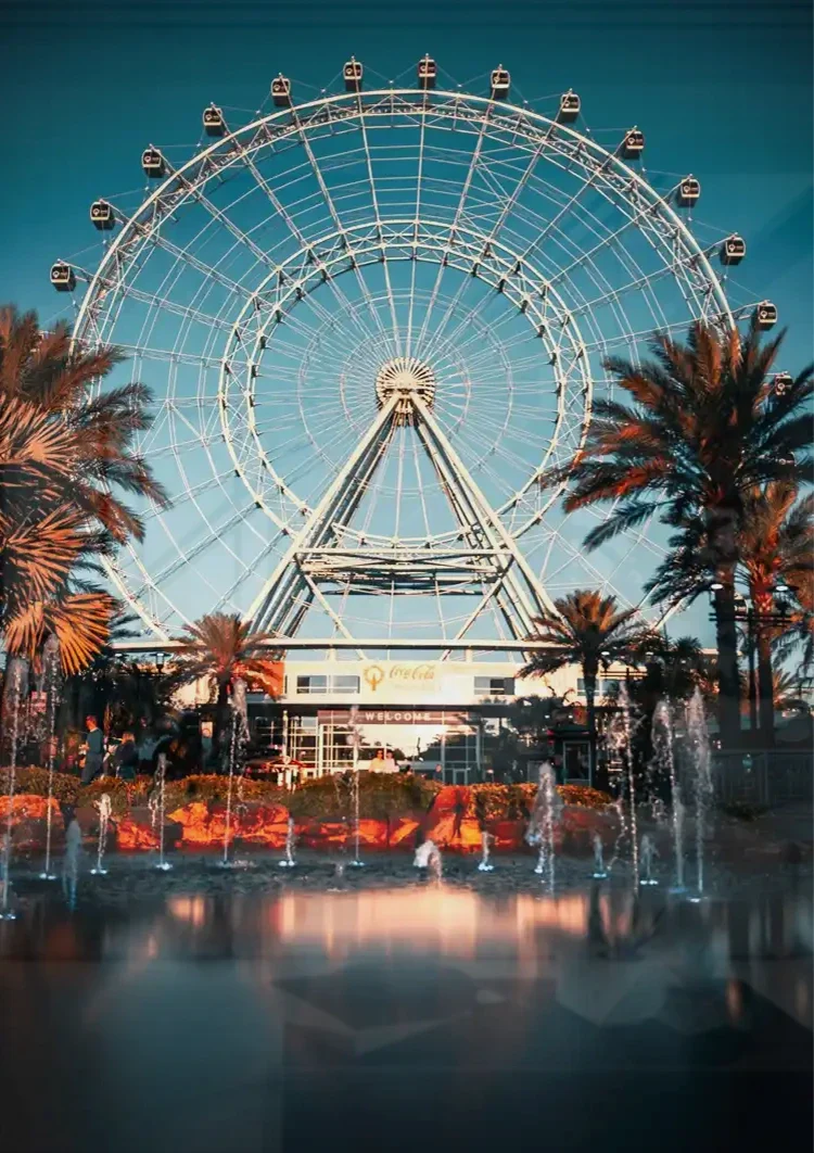 Beleuchtetes Riesenrad Palmen Abenddämmerung Spiegelung Gemälde