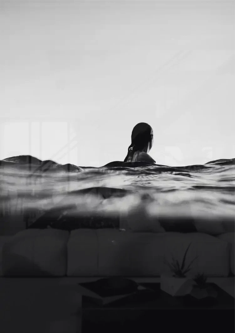Einsame Figur Dunkles Wasser Schwarz-Weiß Melancholisches Porträt Gemälde