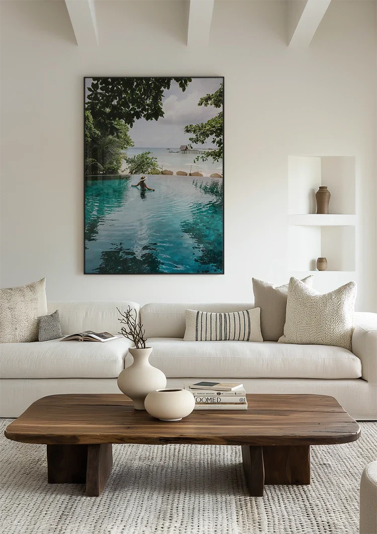 Woman Turquoise Infinity Pool Tropical Palm Trees Sea View Painting