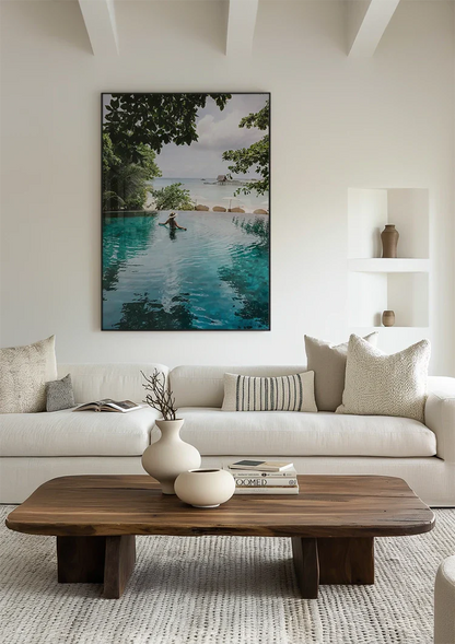 Woman Turquoise Infinity Pool Tropical Palm Trees Sea View Painting