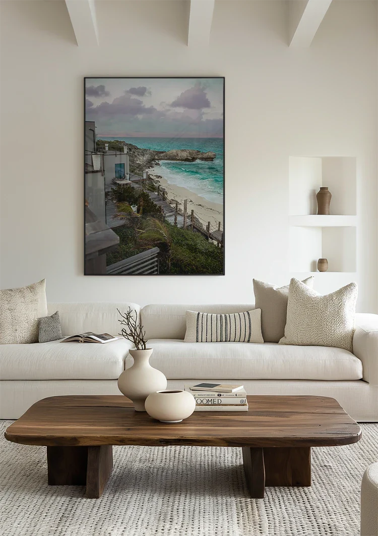 Rocky Coastline with Turquoise Seawater and Sandy Beach Painting