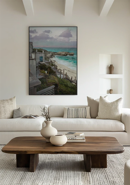 Rocky Coastline with Turquoise Seawater and Sandy Beach Painting
