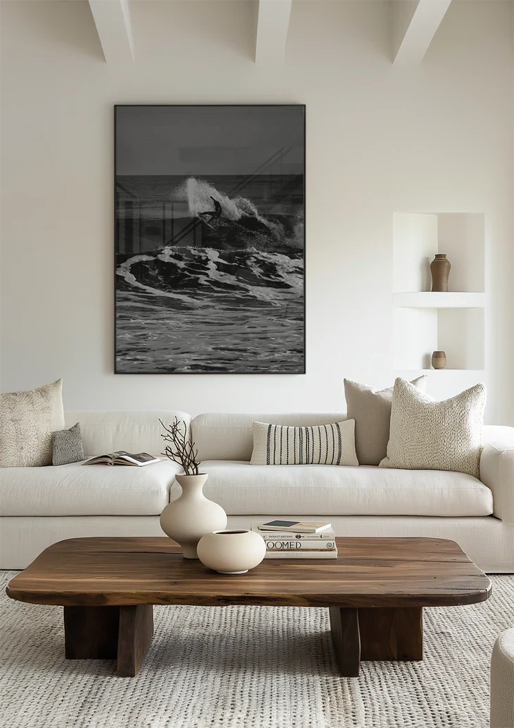 Surfer Op Grote Golf Zwart Wit Oceaan Schilderij