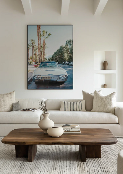 Weißes Vintage-Auto, Palmen, sonnige Straße, Retro-Gemälde