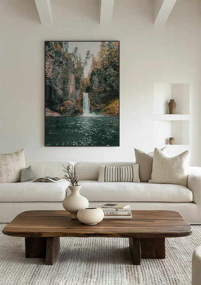 Waterfall Between High Rocks And Trees Nature Painting