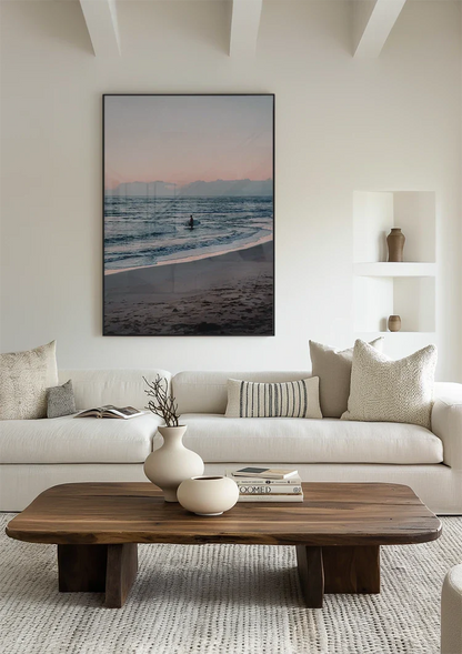 Surfer Zonsondergang Strand Oceaan Roze Lucht Schilderij