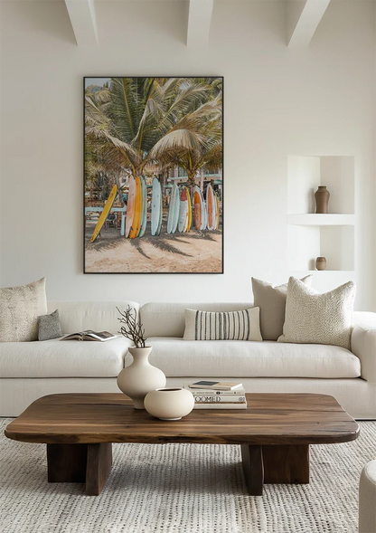 Kleurrijke Surfplanken Palmboom Tropisch Strand Schilderij