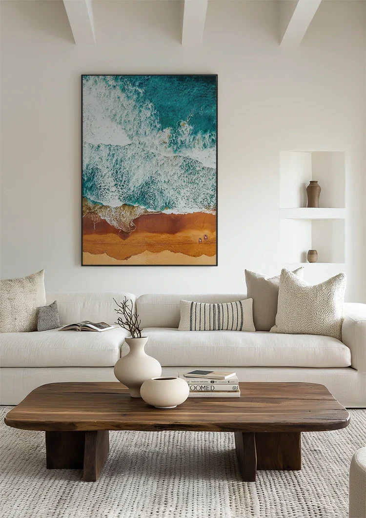Turquoise Golven Op Goudbruin Strand Bovenaanzicht Schilderij