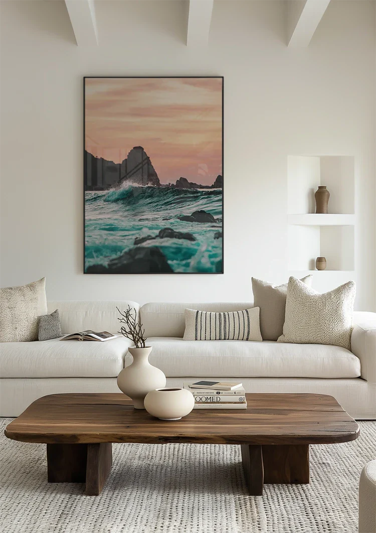 Woeste Zee Turquoise Golven Rotsen Zonsondergang Zeegezicht Schilderij