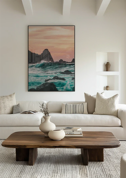 Woeste Zee Turquoise Golven Rotsen Zonsondergang Zeegezicht Schilderij
