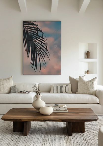 Palmbladsilhouet Pastel Zonsondergang Hemel Tropisch Schilderij