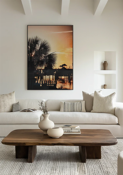 Palmboom Silhouet Gouden Zonsondergang Water Romantisch Schilderij