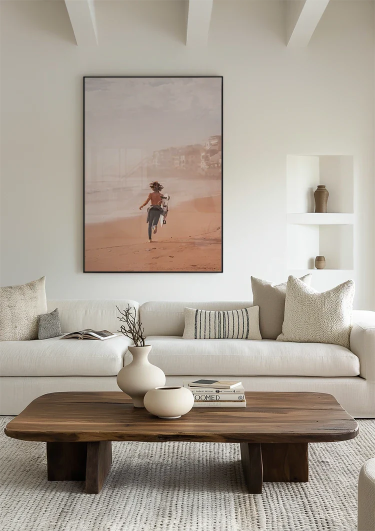 Surfer Boy Running on Beach with Surfboard Warm Tones Painting