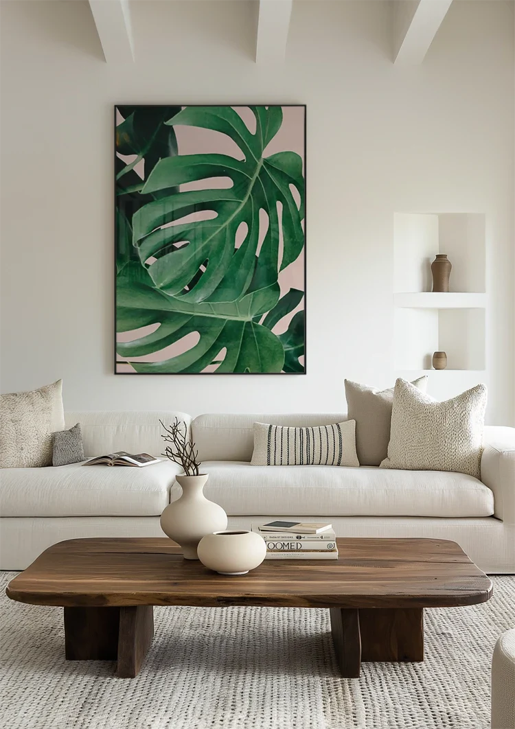 Monstera Bladeren Levendig Groen Roze Achtergrond Botanisch Tropisch Schilderij