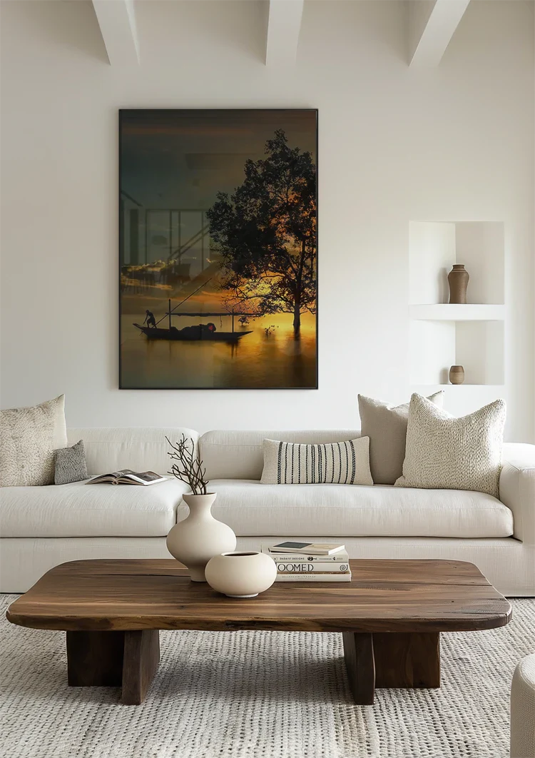 Thai Landscape Golden Sunset Boat Tree Silhouette Water Painting