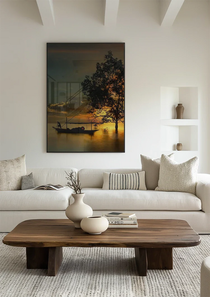 Thai Landscape Golden Sunset Boat Tree Silhouette Water Painting