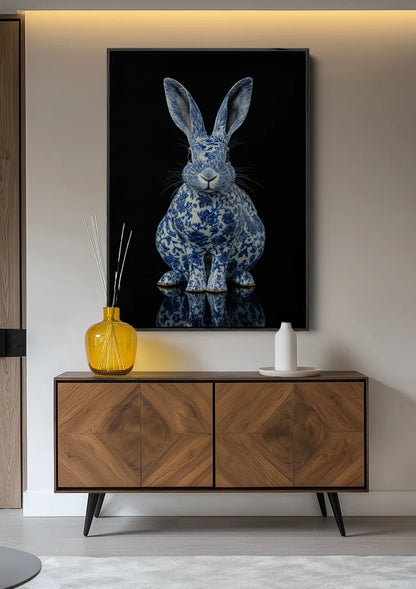 Delfts Blauw Konijn Portret op Zwarte Achtergrond Schilderij