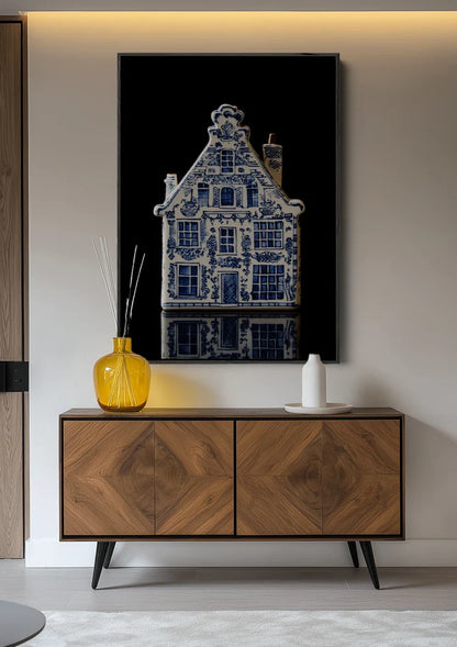 Delft Blue Canal House on Black Background Painting