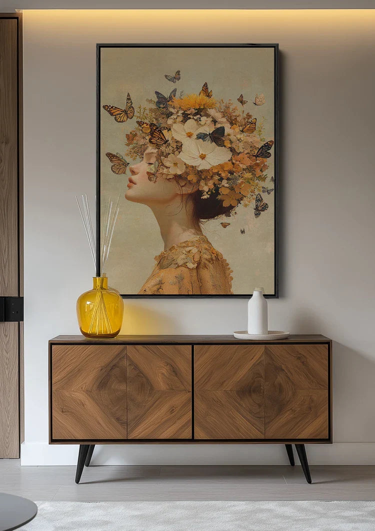 Woman Surrounded by Butterflies Warm Golden Fantasy Portrait Painting