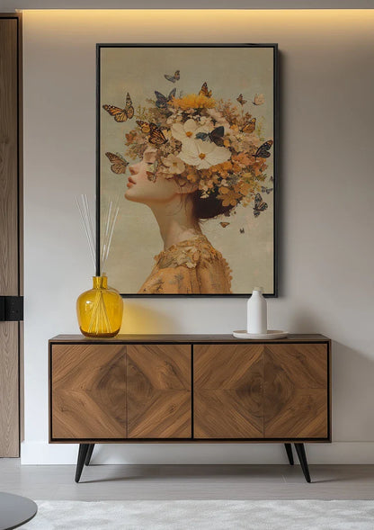 Woman Surrounded by Butterflies Warm Golden Fantasy Portrait Painting