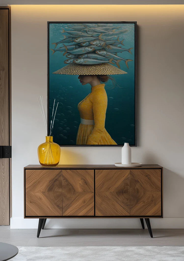 Surreal Underwater Portrait Fish Straw Hat Dreamy Painting
