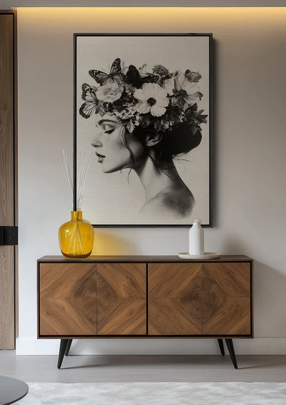 Woman with Butterflies and Flowers Black and White Botanical Portrait Painting