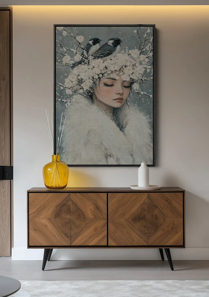 Sneeuwkoningin met Vogels Witte Bloemen Etherisch Portret Schilderij