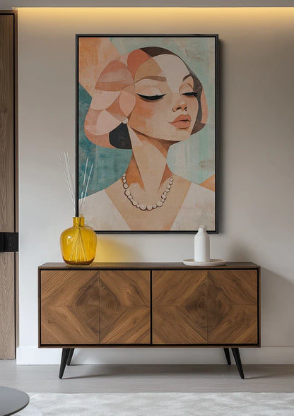 Cubist Female Portrait Geometric Terracotta Painting