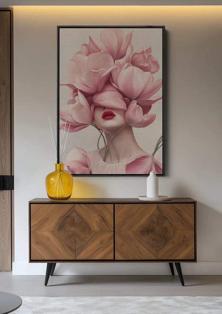 Woman with Pink Tulips Soft Floral Elegant Portrait Painting