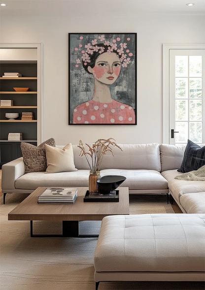 Woman Pink Floral Wreath Dark Hair Naive Portrait Painting