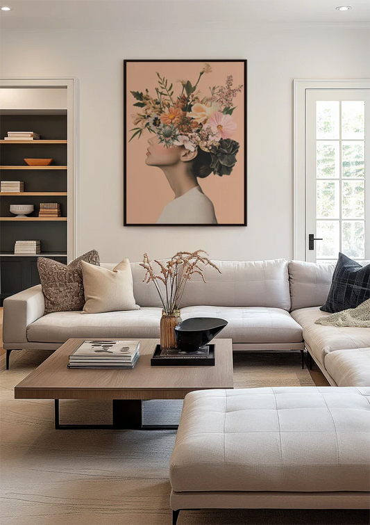 Vrouw met bloemen op hoofd canvas schilderij aan de muur boven het bed in de slaapkamer