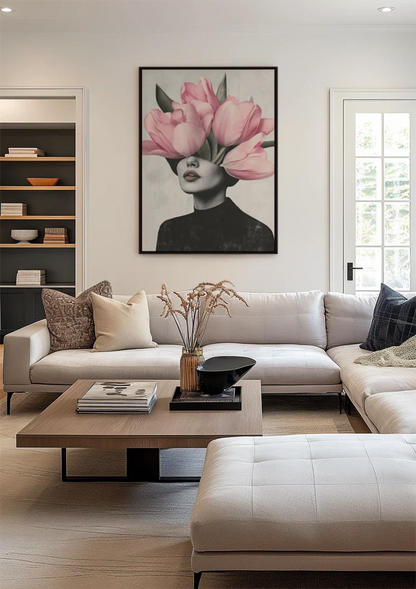 Woman Pink Tulip Head Surreal Portrait Painting