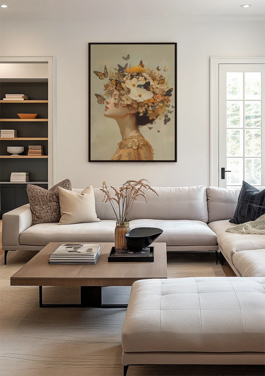 Vrouw met vlinders canvas schilderij aan de muur in de hal