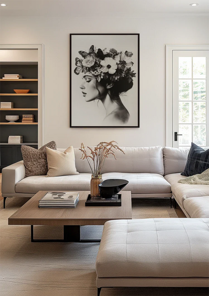 Woman with Butterflies and Flowers Black and White Botanical Portrait Painting