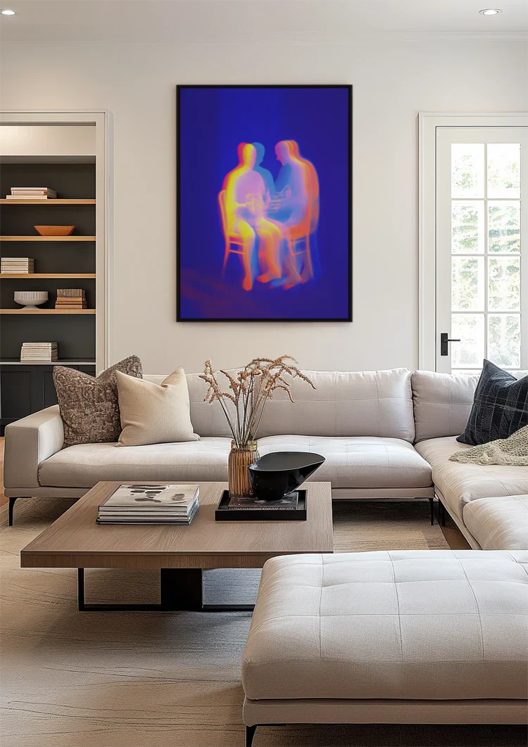 Two Glowing Silhouettes Neon Colors Abstract Dark Blue Painting